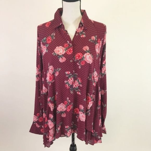 Umgee Womens Wine Floral High Low Hem Button Up Long Sleeve Tunic Blouse Size S - Picture 5 of 8